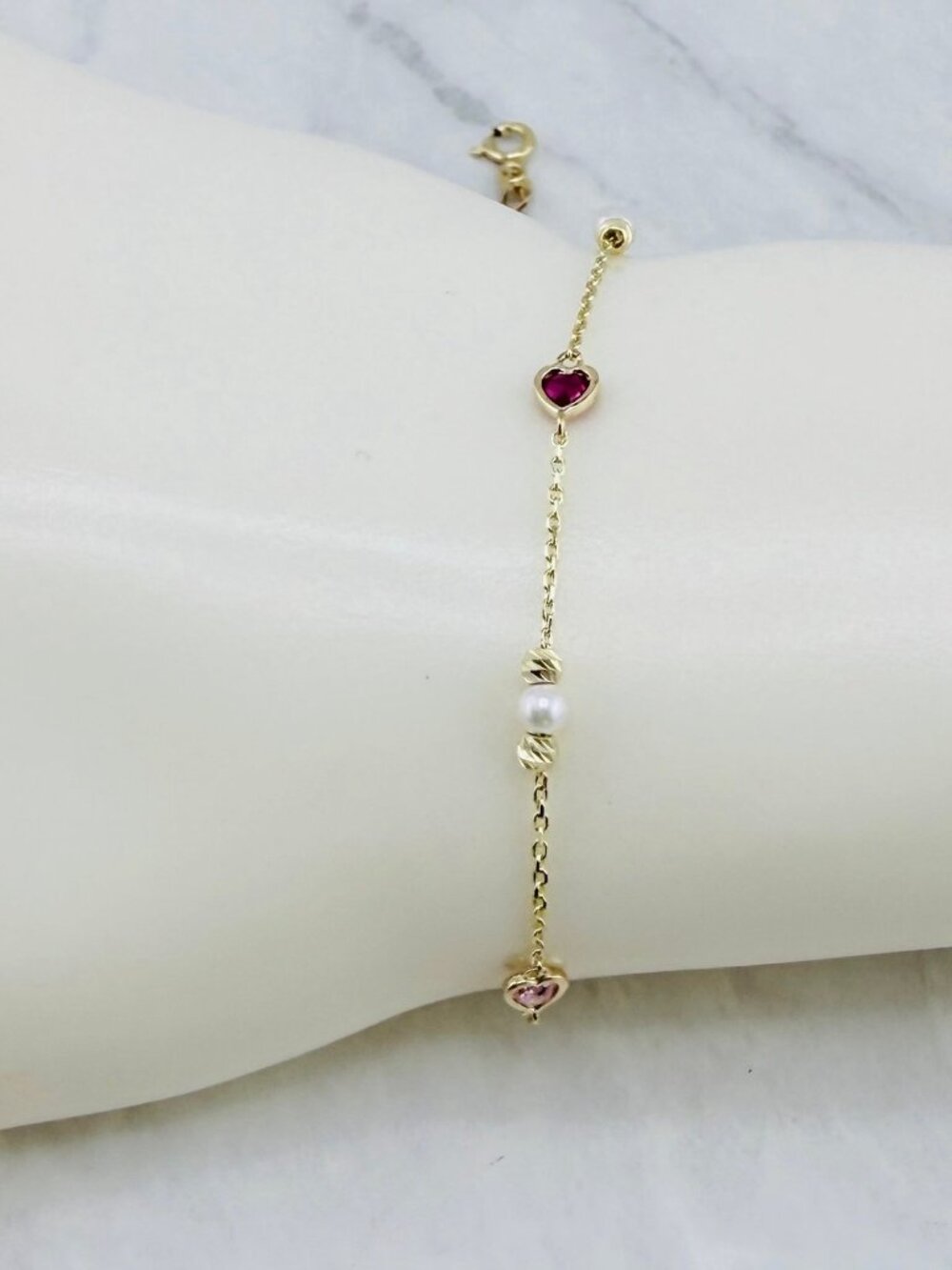 Genuine 10K gold hearts and pearl bracelet - minimalist bracelet